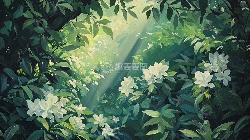 高清大图下载【趣麦麦图】阳光穿透森林中的白色花朵