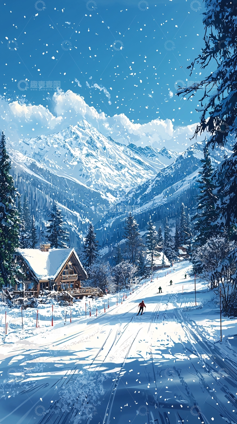 高清大图下载【趣麦麦图】冬日雪景中的滑雪小屋