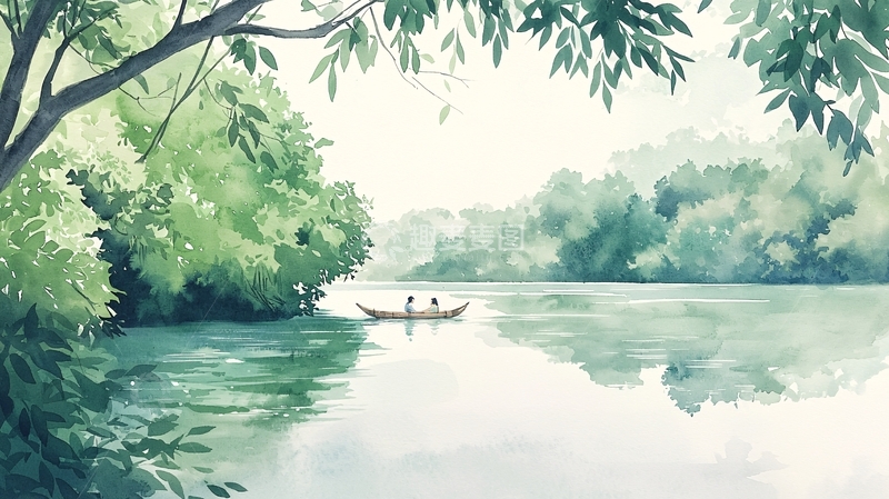 宁静湖畔划船人