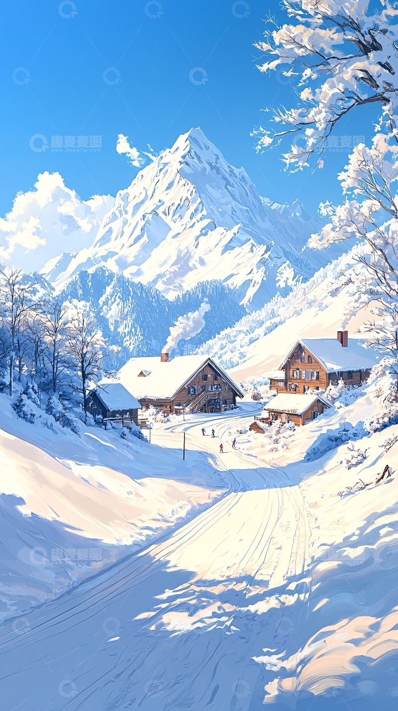 高清大图下载【趣麦麦图】冬日雪景中的小村庄