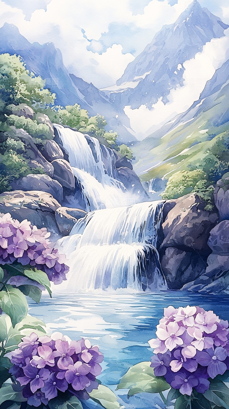 高清大图下载【趣麦麦图】山间瀑布与紫色绣球花