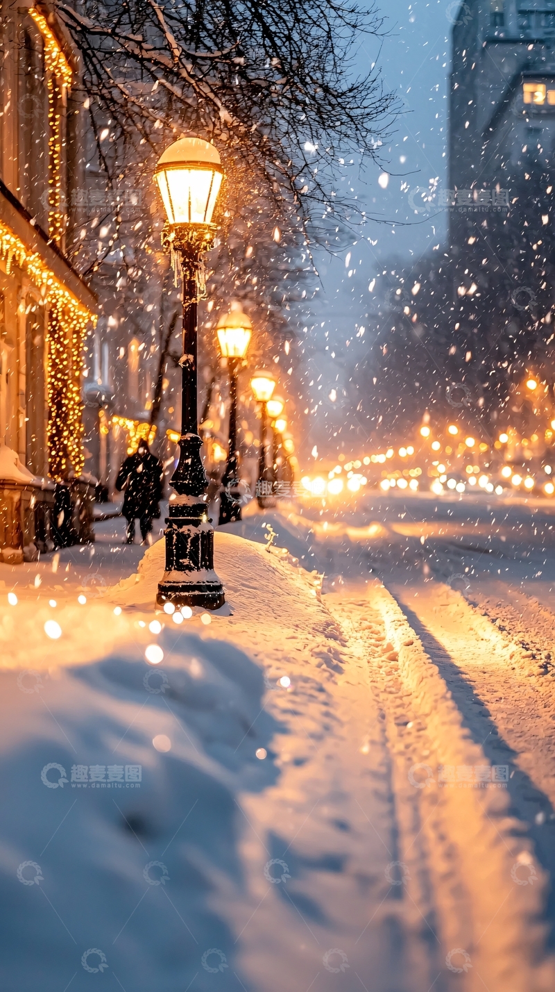 高清大图下载【趣麦麦图】冬夜雪景街灯照