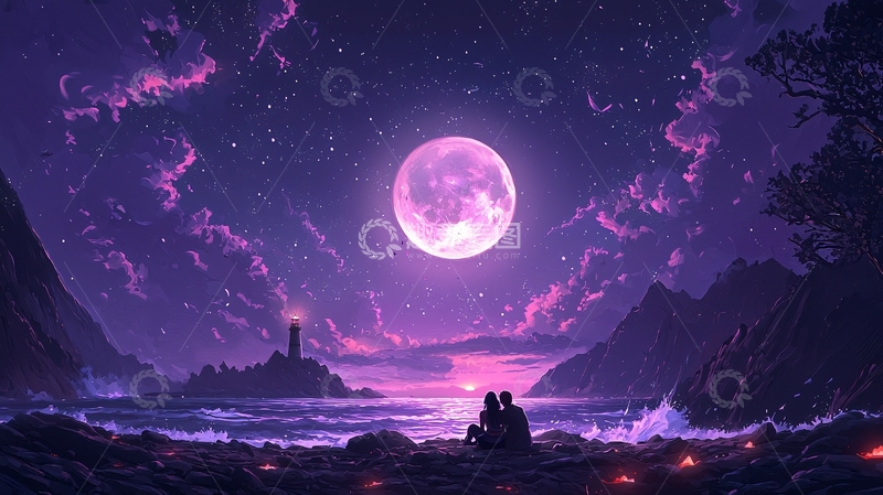 高清大图下载【趣麦麦图】浪漫情侣海边赏月夜景