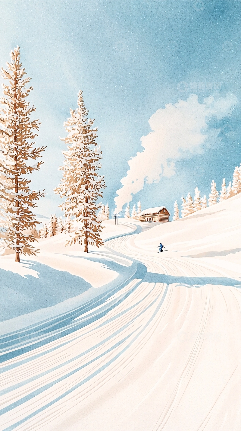 高清大图下载【趣麦麦图】冬日雪景中的小屋与滑雪者