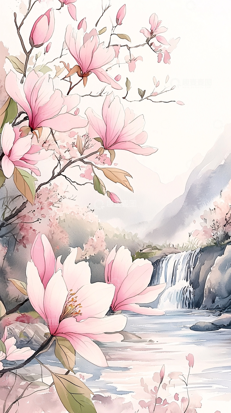 高清大图下载【趣麦麦图】粉花瀑布山水画