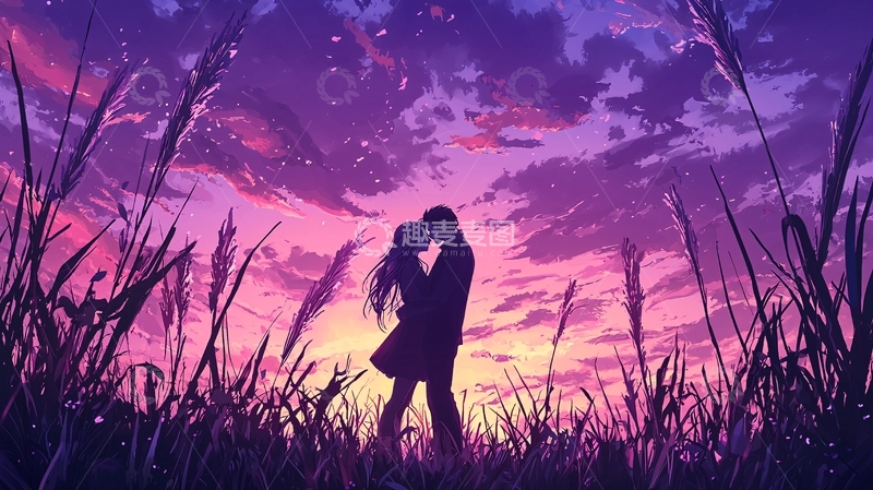 高清大图下载【趣麦麦图】情侣剪影在田野中拥抱
