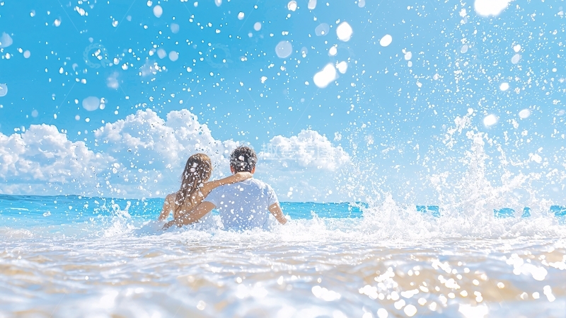 高清大图下载【趣麦麦图】海滩情侣玩水快乐瞬间