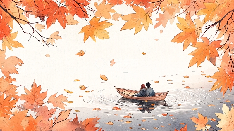 高清大图下载【趣麦麦图】秋日落叶小船情侣