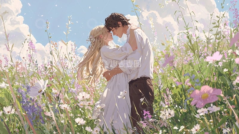 高清大图下载【趣麦麦图】花海中的浪漫情侣