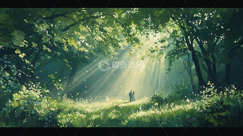 高清大图下载【趣麦麦图】森林中的光束与情侣