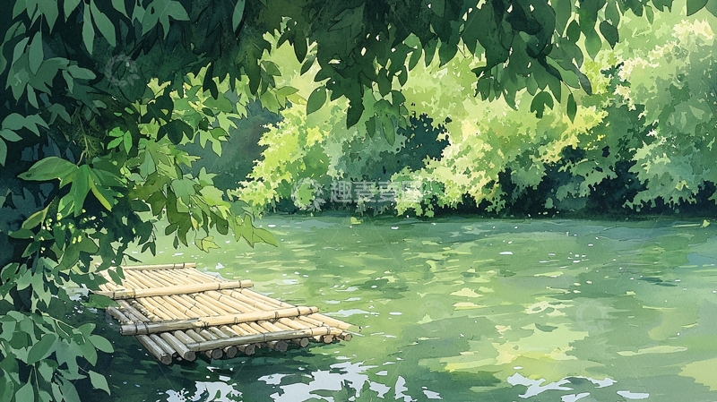 高清大图下载【趣麦麦图】绿意盎然的竹筏湖景