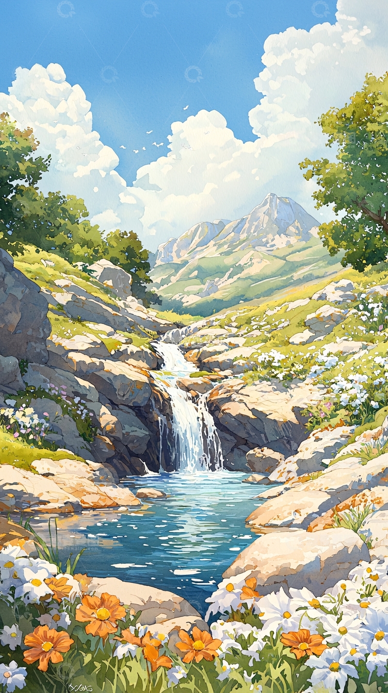 高清大图下载【趣麦麦图】山间瀑布与野花美景