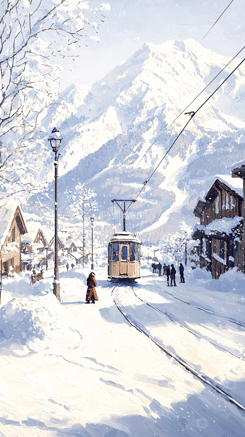 高清大图下载【趣麦麦图】雪景中的缆车与小镇