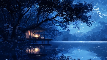 夜晚湖边小屋温馨场景