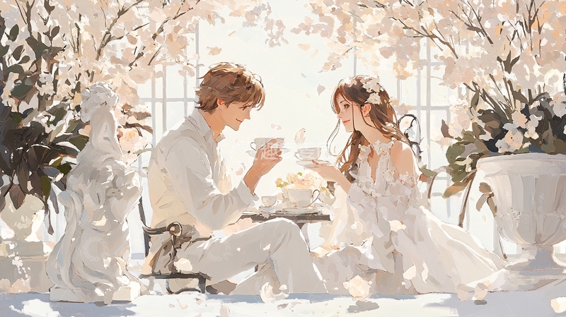 高清大图下载【趣麦麦图】浪漫樱花下的情侣茶会