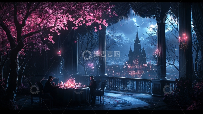 高清大图下载【趣麦麦图】梦幻城堡夜景浪漫晚餐