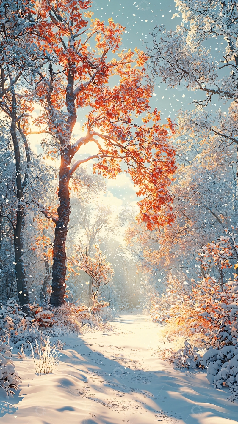 高清大图下载【趣麦麦图】冬日雪景中的红叶树