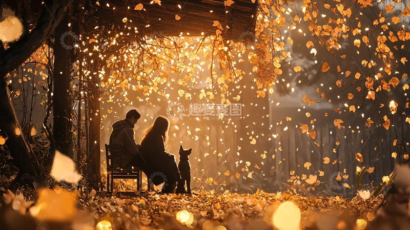 高清大图下载【趣麦麦图】秋夜恋人与狗的温馨时光