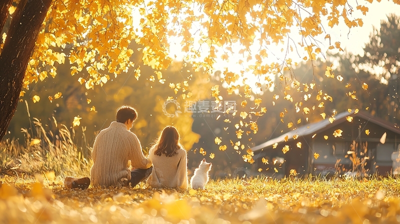 高清大图下载【趣麦麦图】秋日树下情侣与小狗