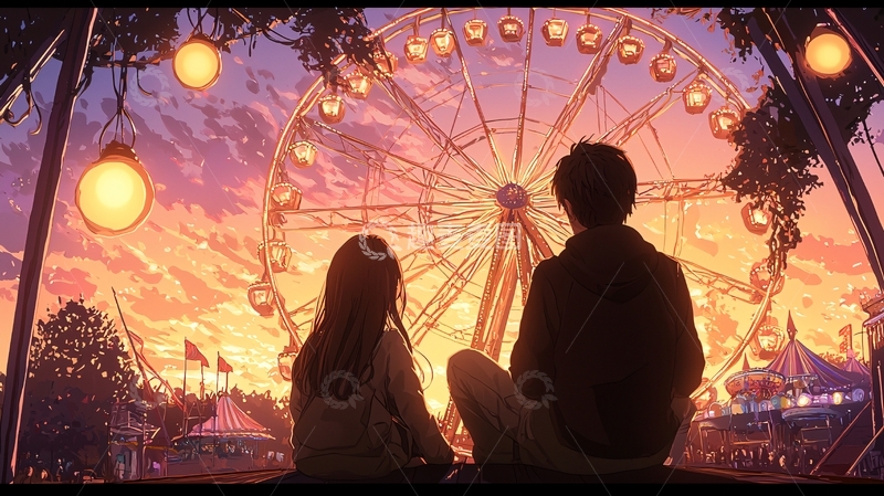 高清大图下载【趣麦麦图】秋日黄昏下的摩天轮情侣