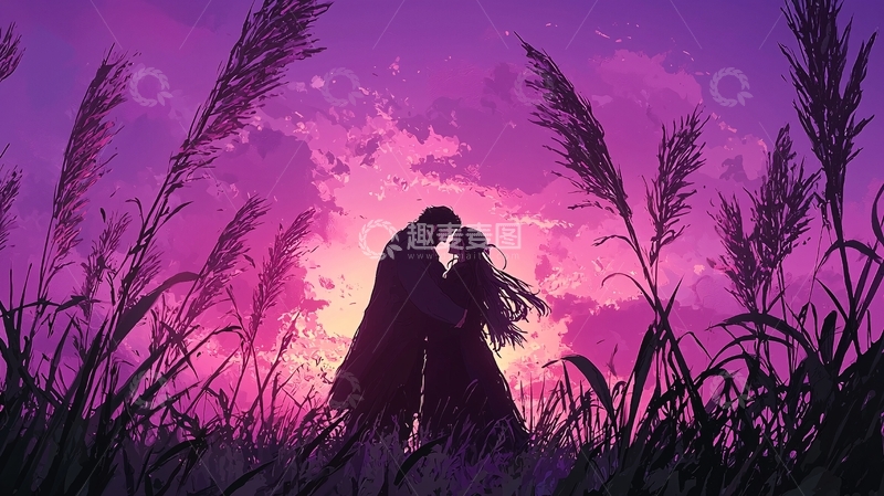 高清大图下载【趣麦麦图】紫色天空下的浪漫情侣剪影