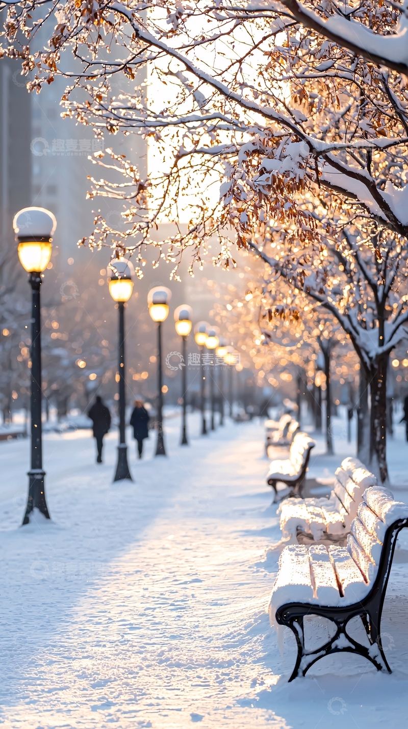 高清大图下载【趣麦麦图】冬日雪景公园长椅灯光明媚