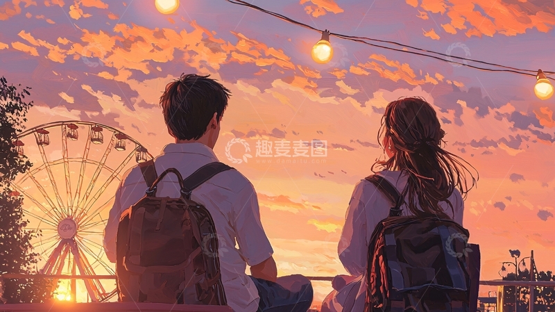 高清大图下载【趣麦麦图】夕阳下的情侣与摩天轮