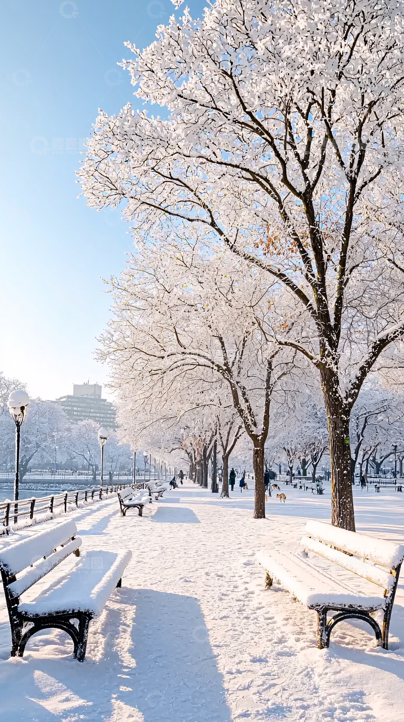 高清大图下载【趣麦麦图】雪景公园长椅风景