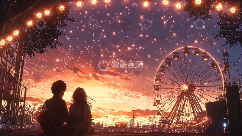 高清大图下载【趣麦麦图】秋日黄昏下的摩天轮与情侣