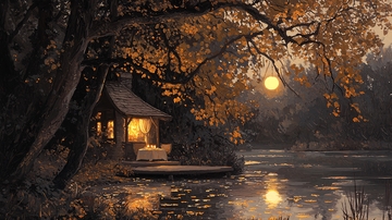 秋夜湖边小屋温馨场景