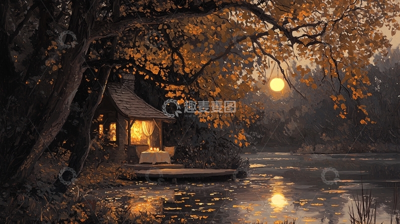 高清大图下载【趣麦麦图】秋夜湖边小屋温馨场景