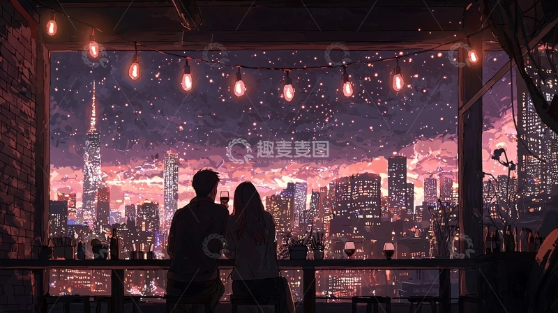高清大图下载【趣麦麦图】情侣夜景酒吧浪漫约会
