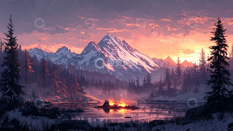 高清大图下载【趣麦麦图】雪山湖畔篝火晚会