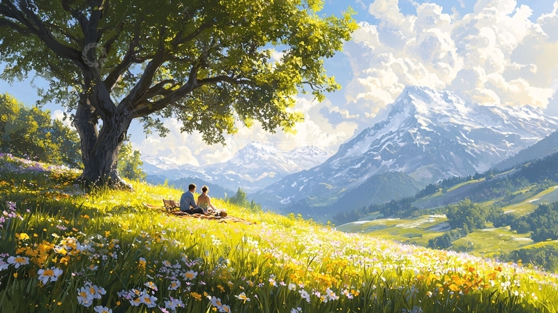 高清大图下载【趣麦麦图】山间野花下的浪漫约会