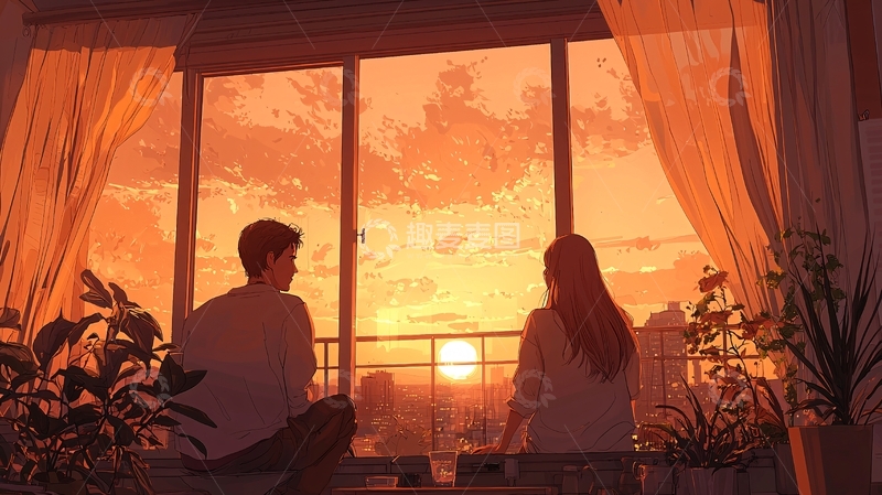 高清大图下载【趣麦麦图】夕阳下的情侣窗边对话