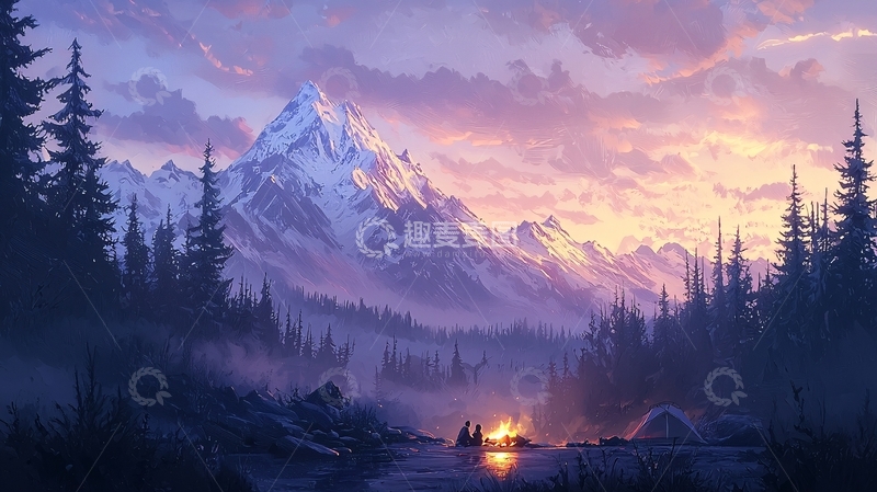 高清大图下载【趣麦麦图】雪山下的篝火露营场景