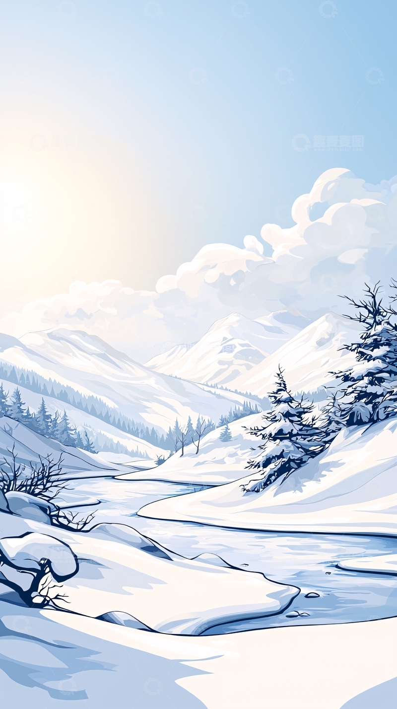 高清大图下载【趣麦麦图】冬日雪山风景插画