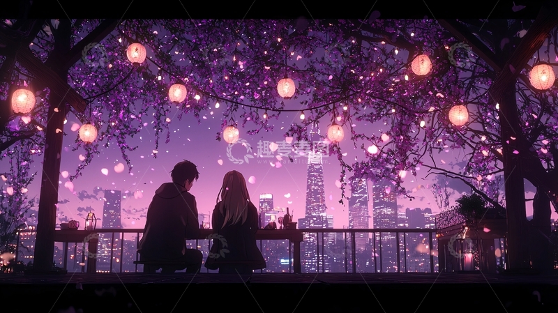 高清大图下载【趣麦麦图】樱花树下情侣对坐