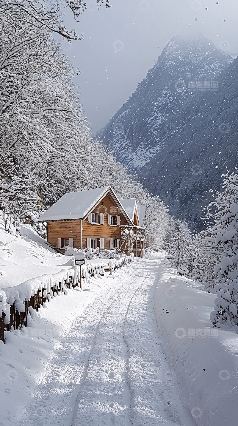 高清大图下载【趣麦麦图】雪景中的木屋与山峰