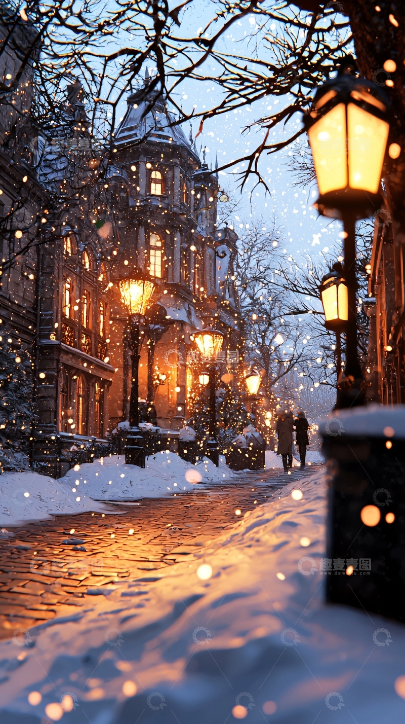 高清大图下载【趣麦麦图】冬夜雪景下的浪漫街道