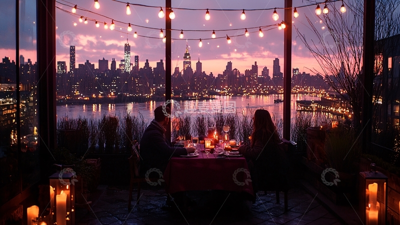 高清大图下载【趣麦麦图】浪漫晚餐与城市天际线