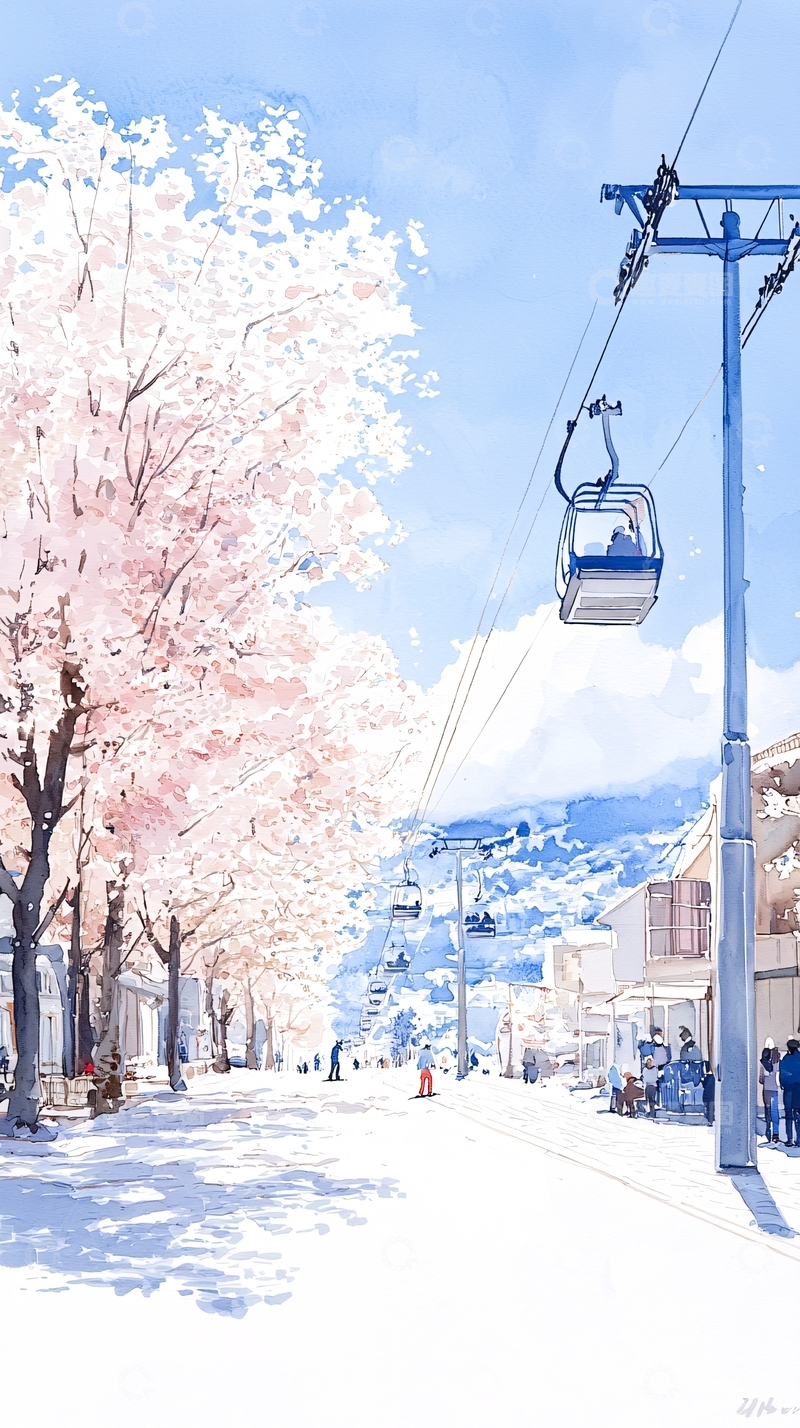 高清大图下载【趣麦麦图】樱花下的缆车风景