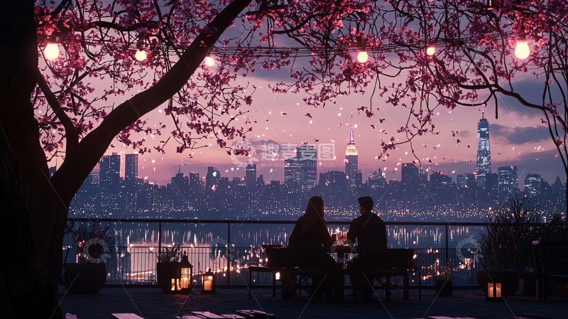 高清大图下载【趣麦麦图】浪漫樱花下的城市夜景