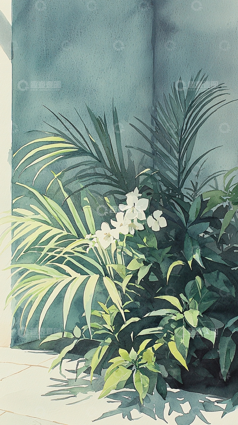 高清大图下载【趣麦麦图】夏日庭院植物水彩画