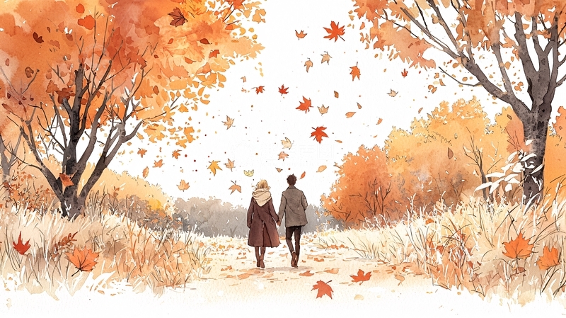 高清大图下载【趣麦麦图】秋日落叶中的情侣漫步