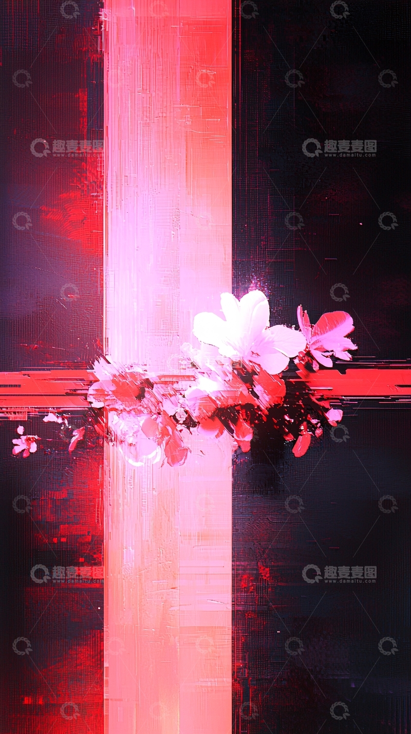 高清大图下载【趣麦麦图】红色背景下的花卉艺术插画