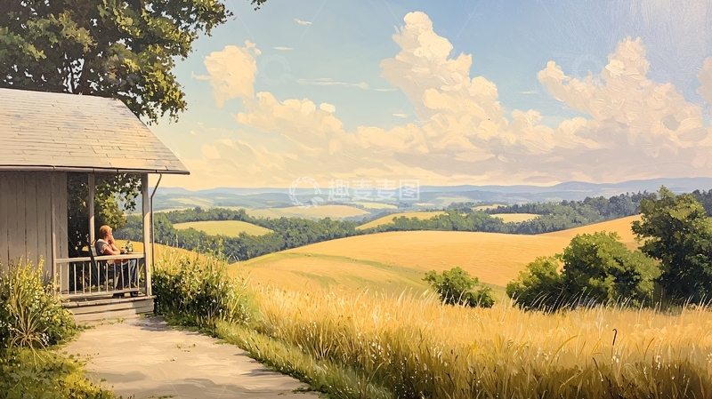 高清大图下载【趣麦麦图】乡村小屋与金黄色田野