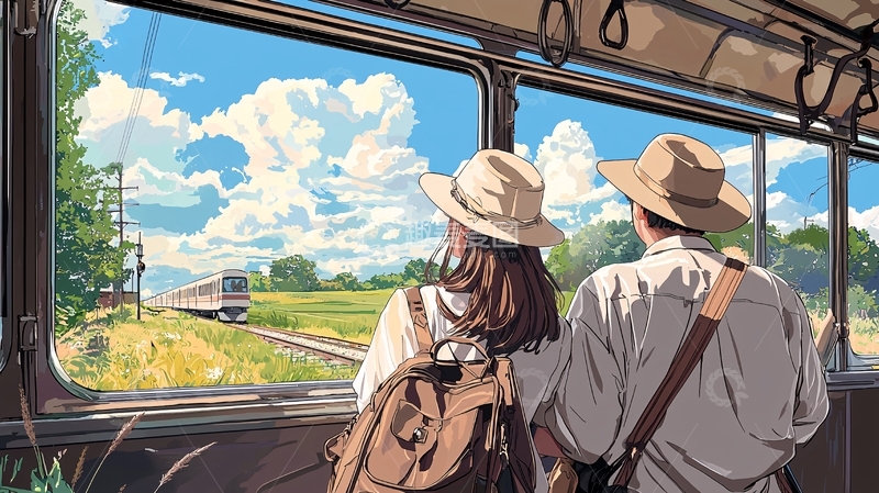 高清大图下载【趣麦麦图】火车窗外风景旅途中情侣