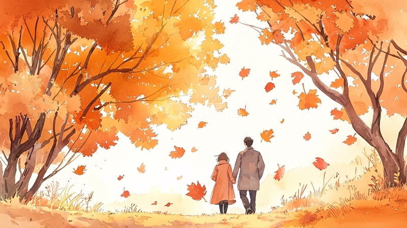高清大图下载【趣麦麦图】秋日落叶下的情侣漫步