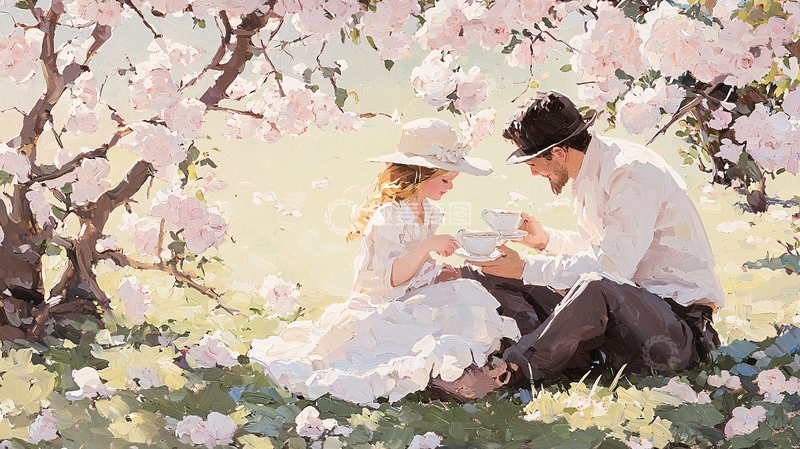 高清大图下载【趣麦麦图】春天花下情侣品茶